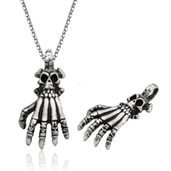 Sterling Silver SKULL & HAND'S BONE Men's Necklace - Picture 3 of 8